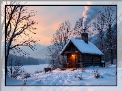 Zima, Dom, Dym, Ławka, Drzewa, Góry, Śnieg