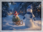 Zima, Las, Bałwanki, Sanki