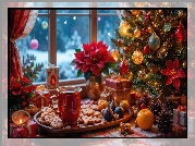 Boże Narodzenie, Choinka, Ciasteczka, Kubek, Kawa, Prezenty, Okno