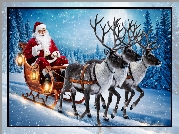 Zima, Święty, Mikołaj, Sanie, Latarnie, Renifery, Śnieg, Grafika AI