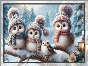 Zima, Sowy, Czapki, Szaliki, Latarnia, Gałąź