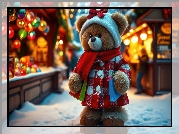 Pluszowy, Miś, Płaszcz, Szalik, Czapka, Śnieg, AI