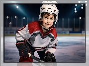 Hokeista, Hokej, Zawodnik, Chłopiec, Kask, Rękawice, Kij