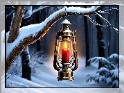 Las, Zima, Drzewa, Oszronione, Gałęzie, Lampion, Grafika