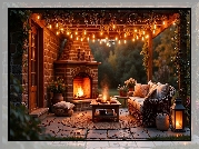 Dom, Taras, Kominek, Lampki, Stół, Sofa, Latarnia