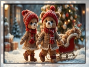 Dwa, Misie, Czapki, Kożuszki, Sanki, Choinka