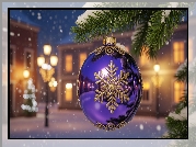 Fioletowa, Bombka, Gałązka, Ośnieżona, Boże Narodzenie