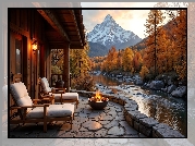 Jesień, Góry, Drzewa, Rzeka, Dom, Taras, Ogień, Fotele