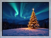 Zima, Boże Narodzenie, Choinka, Zorza polarna, Góry
