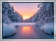 Zima, Rzeka, Drzewa, Zaspy, Drzewa, Wschód słońca