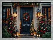 Boże Narodzenie, Dom, Wejście, Choinki, Lampiony, Grafika AI