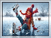 Dziewczynka, Łyżwy, Zima, Upadek Dla dzieci