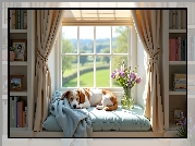 Okno, Pies, Leżący, Bukiet, Kwiatów, Regał, Książki, Grafika AI