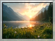 Jezioro, Góry, Drzewa, Łąka