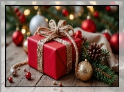 Czerwony, Prezent, Kokarda, Bombki, Szyszka, Gałązki, Świąteczne