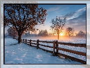 Zima, Ogrodzenie, Śnieg, Drzewa, Chmury, Zachód słońca