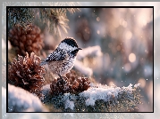 Sikorka czarnogłówka, Szyszki, Sosna, Zima, Grafika AI