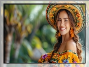 Uśmiechnięta, Długowłosa, Kobieta, Kapelusz, Kolczyki, Sukienka