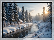 Zima, Rzeka, Dom, Las, Ośnieżone, Drzewa, Krzewy, Promienie słońca