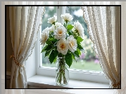 Kwiaty, Bukiet, Białe, Słoik, Okno, Firanki