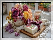 Kwiaty, Wazon, Świeca, Prezent, Kompozycja