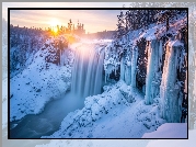 Zima, Zachód słońca, Skały, Wodospad, Rzeka, Drzewa, Śnieg
