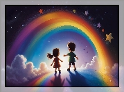 Dzieci, Tęcza, Gwiazdy, Chmury