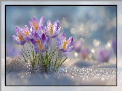 Kwiaty, Kępka, Fioletowe, Krokusy, Śnieg, Grafika AI