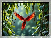 Ptak, Czerwona, Papuga, Liany, Liście, AI