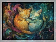 Śpiące, Przytulone, Dwa, Koty, Grafika