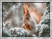 Wiewiórka, Gałązki, Śnieg, Zima, Grafika AI