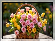 Żółte, Tulipany, Różowe, Róże, Wiklinowy, Koszyk, Kwiaty