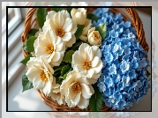 Kwiaty, Kamelie, Hortensje, Niebieskie, Koszyk, AI