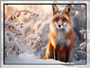 Zima, Siedzący, Lis, Śnieg, Ośnieżone, Gałązki