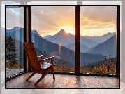 Pokój, Fotel, Okno, Góry, Zachód słońca, Grafika AI