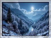 Zima, Góry, Las, Oszronione, Drzewa, Rzeka, Śnieg, Noc, Księżyc, Grafika AI