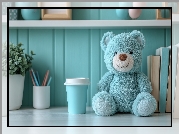 Zabawka, Pluszowy, Niebieski, Miś, Książki, Kubek, Kredki, Kwiat