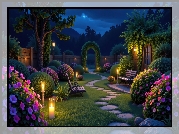 Ogród, Noc, Krzewy, Ławki, Świece, Ścieżka