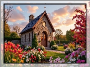 Kościół, Ogród, Kwiaty, Tulipany, Drzewa