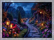 Ogród, Kwiaty, Drzewa, Świece, Ścieżka