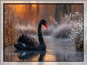 Czarny, Łabędź, Staw, Zarośla, Grafika AI