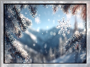 Śnieżynka, Zima, Gałązki, Sosna, Grafika AI