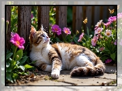 Leżący, Kot, Rudo-biały, Kwiaty, Płot, AI
