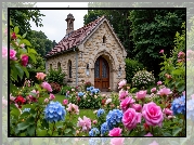 Budynek, Dom, Ogród, Róże, Hortensje, Drzewa, Grafika AI