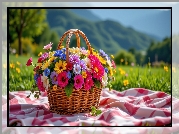 Kwiaty, Kolorowe, Wiklinowy, Koszyk, Koc, Góry