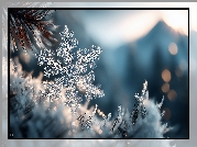 Śnieżynka, Gałązki, Sosna, Śnieg, Zima, Grafika AI