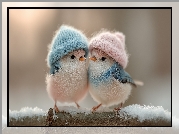 Dwa, Ptaki, Czapki, Gałąź, Śnieg, Grafika AI