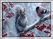 Wiewiórka, Gil, Gałąź, Jarzębina, Zima, Grafika AI