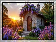 Kamienna, Budowla, Dom, Kwiaty, Glicynia, Lawenda, Promienie słońca