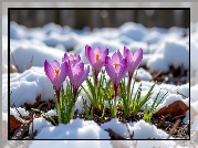 Fioletowe, Rozświetlone, Krokusy, Śnieg